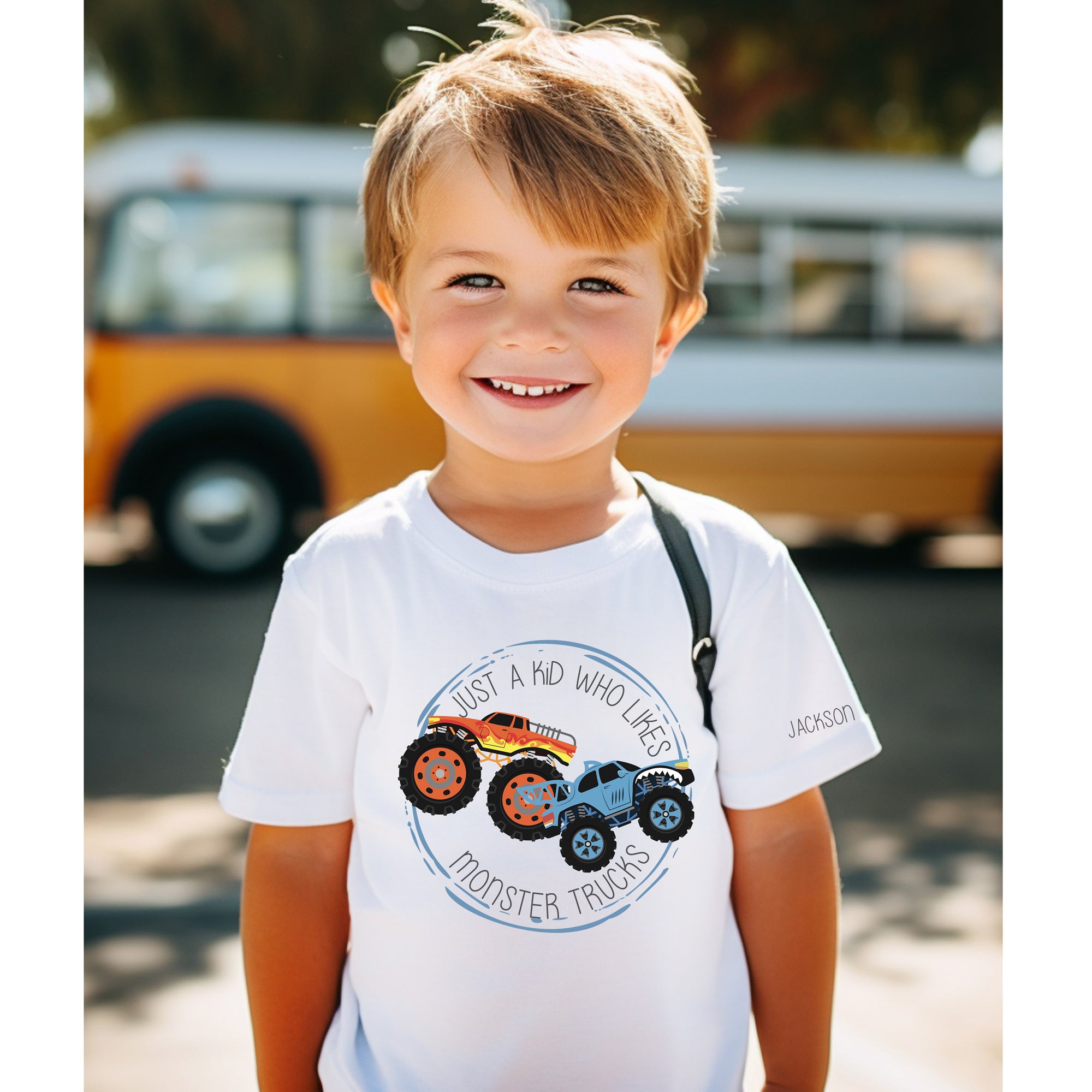 Just a Kid who likes MONSTER TRUCKS - Personalized Apparel